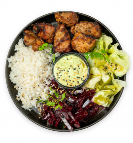 Burrito bowl with grilled pork and beet salsa
